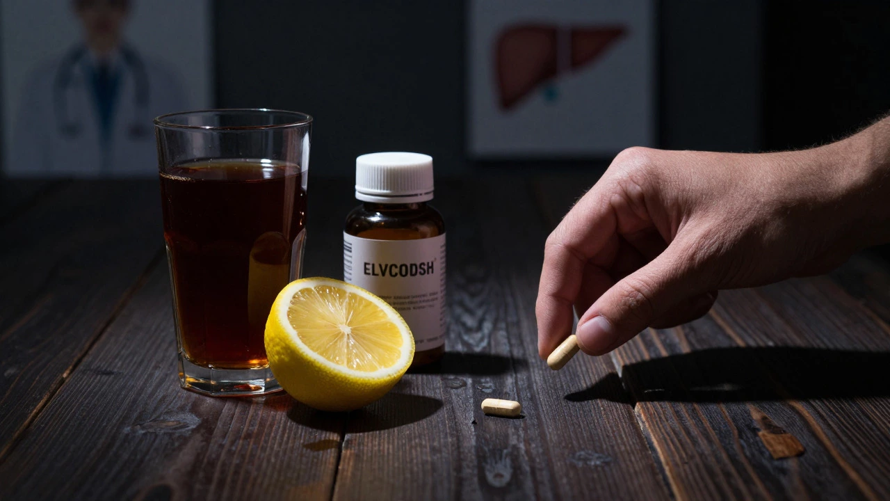 Dark urine and yellowed lemon on a table symbolizing liver damage symptoms.