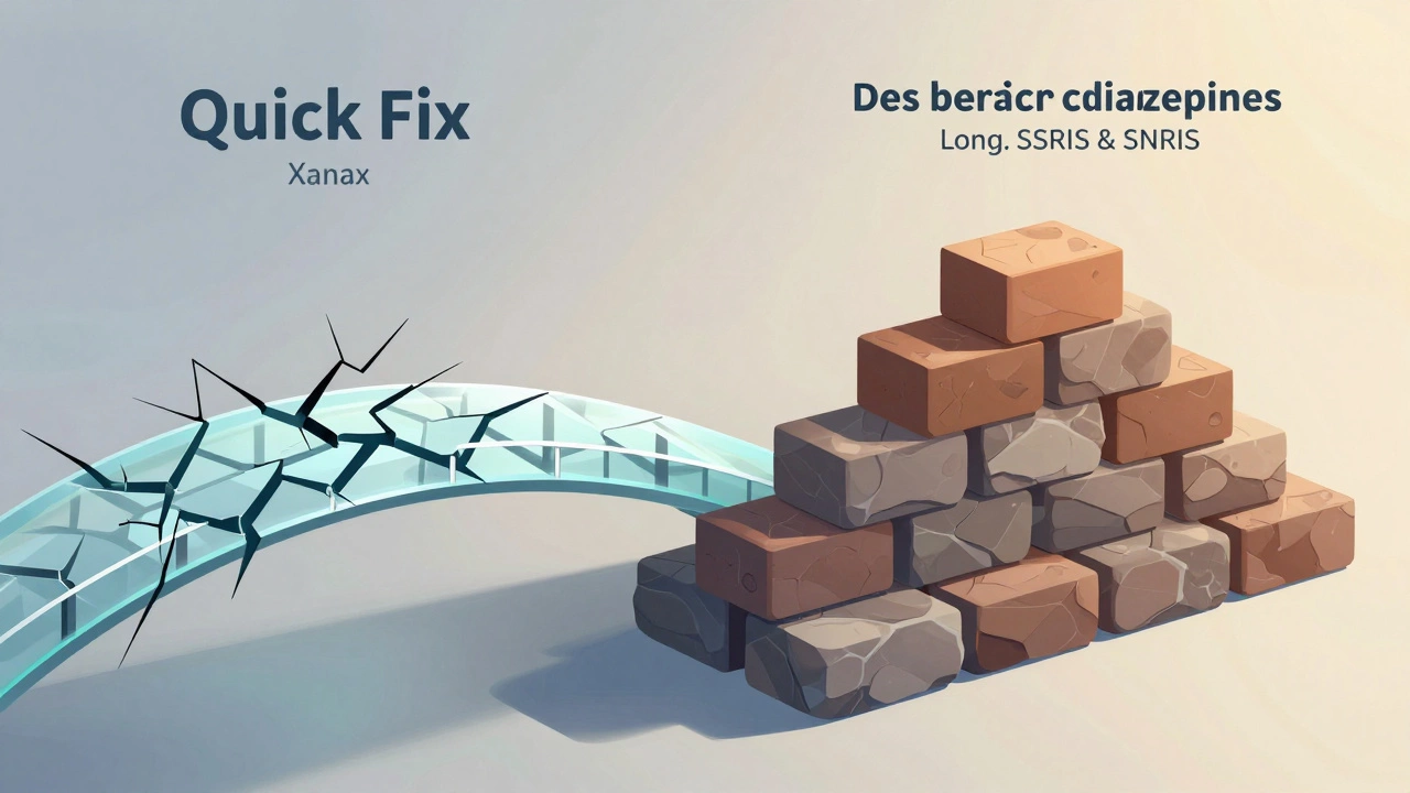 Illustration comparing fragile quick fixes vs sturdy long-term mental health foundations