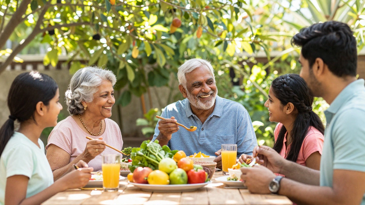 Indian family sharing a healthy meal outdoors in sunlight