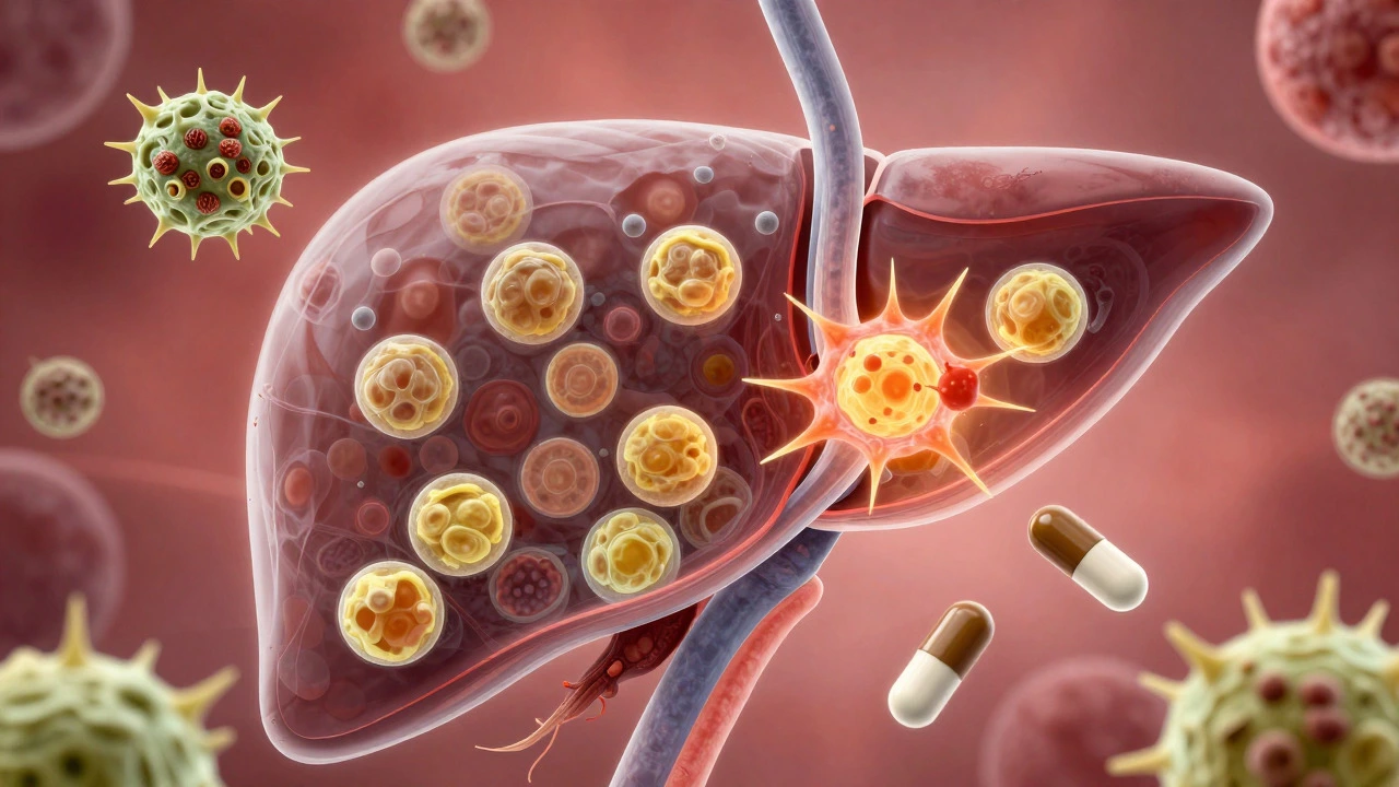 Medical illustration of liver cells being attacked by toxic herbal compounds.