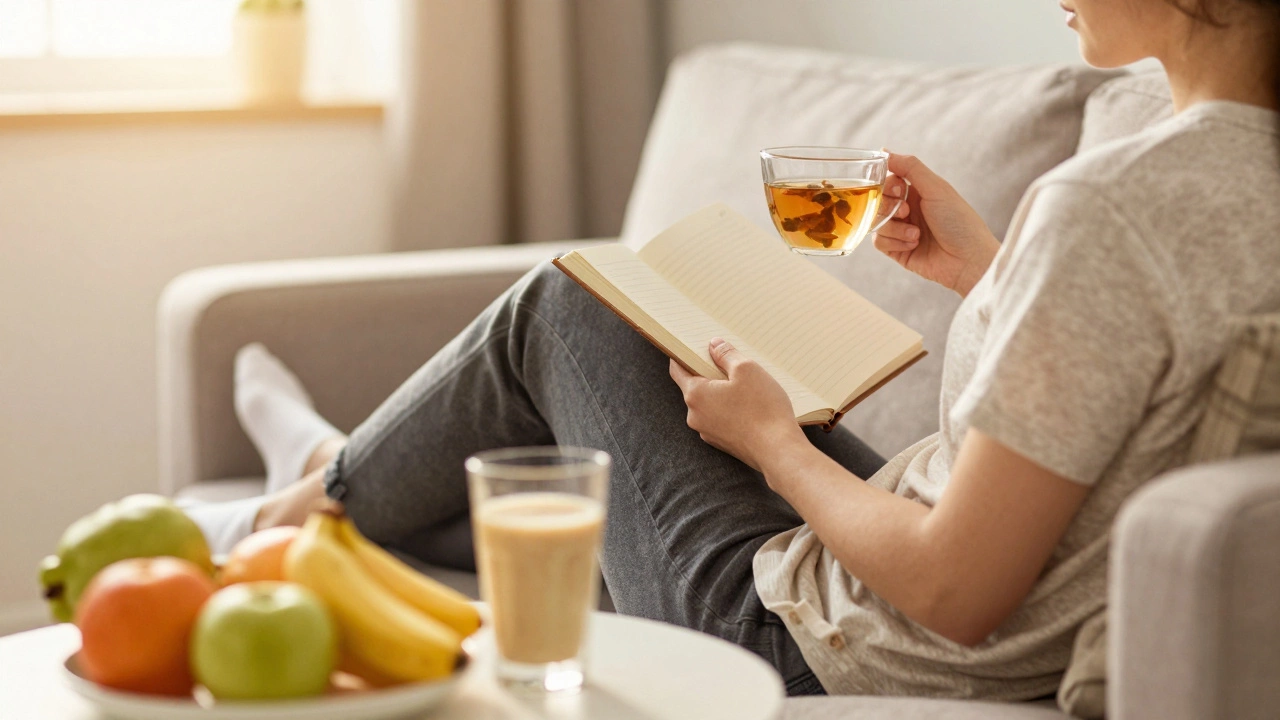 Person recovering with journal and healthy food at home