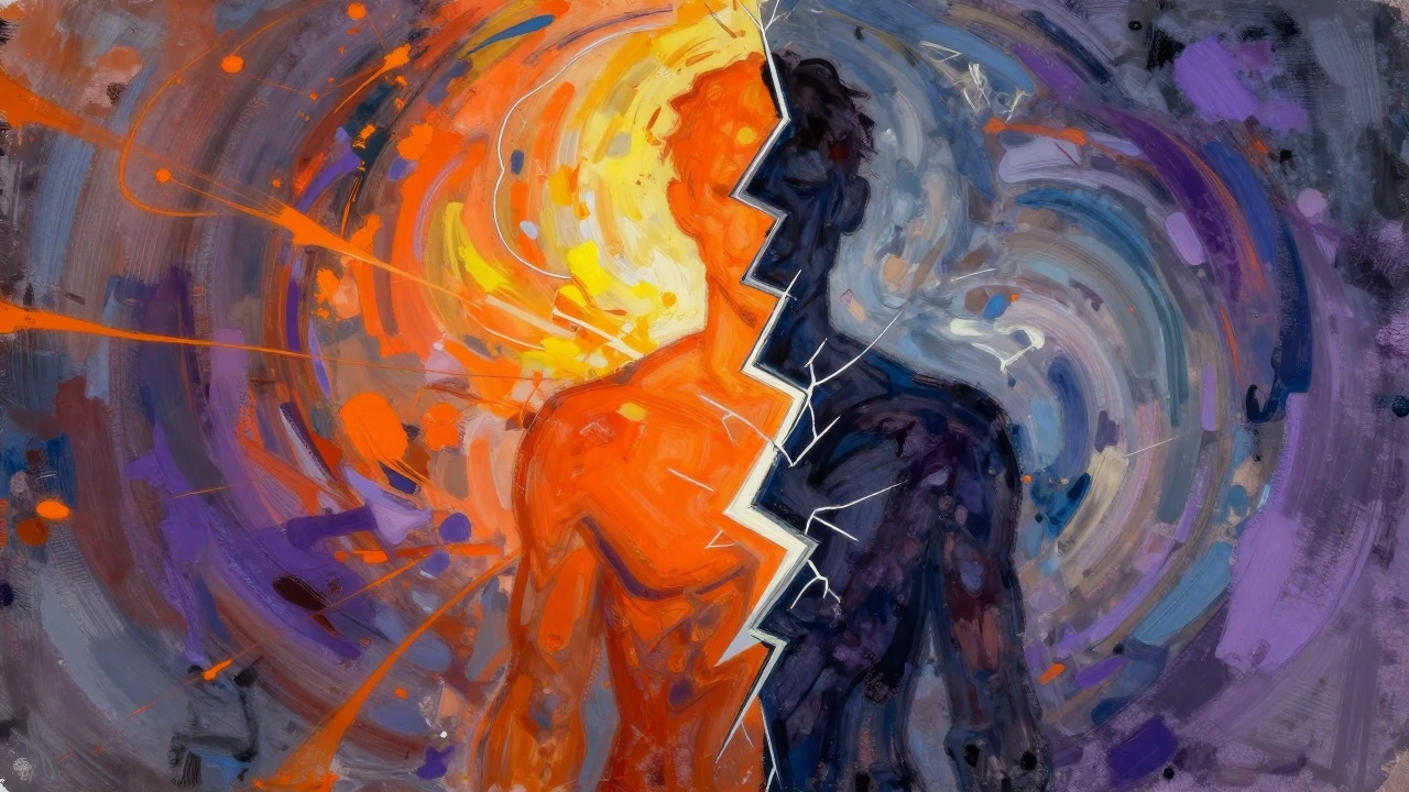 Abstract art showing split figure with chaotic bright and dark halves