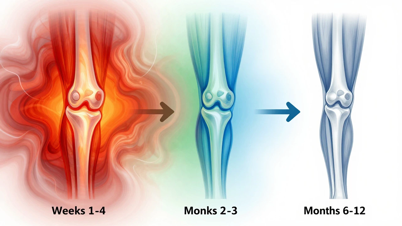 Abstract art showing the transition from inflammation to full knee mobility over time