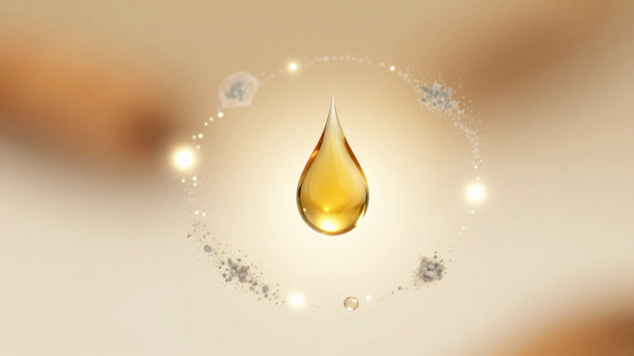 Abstract macro shot of a golden liquid drop surrounded by glowing particles