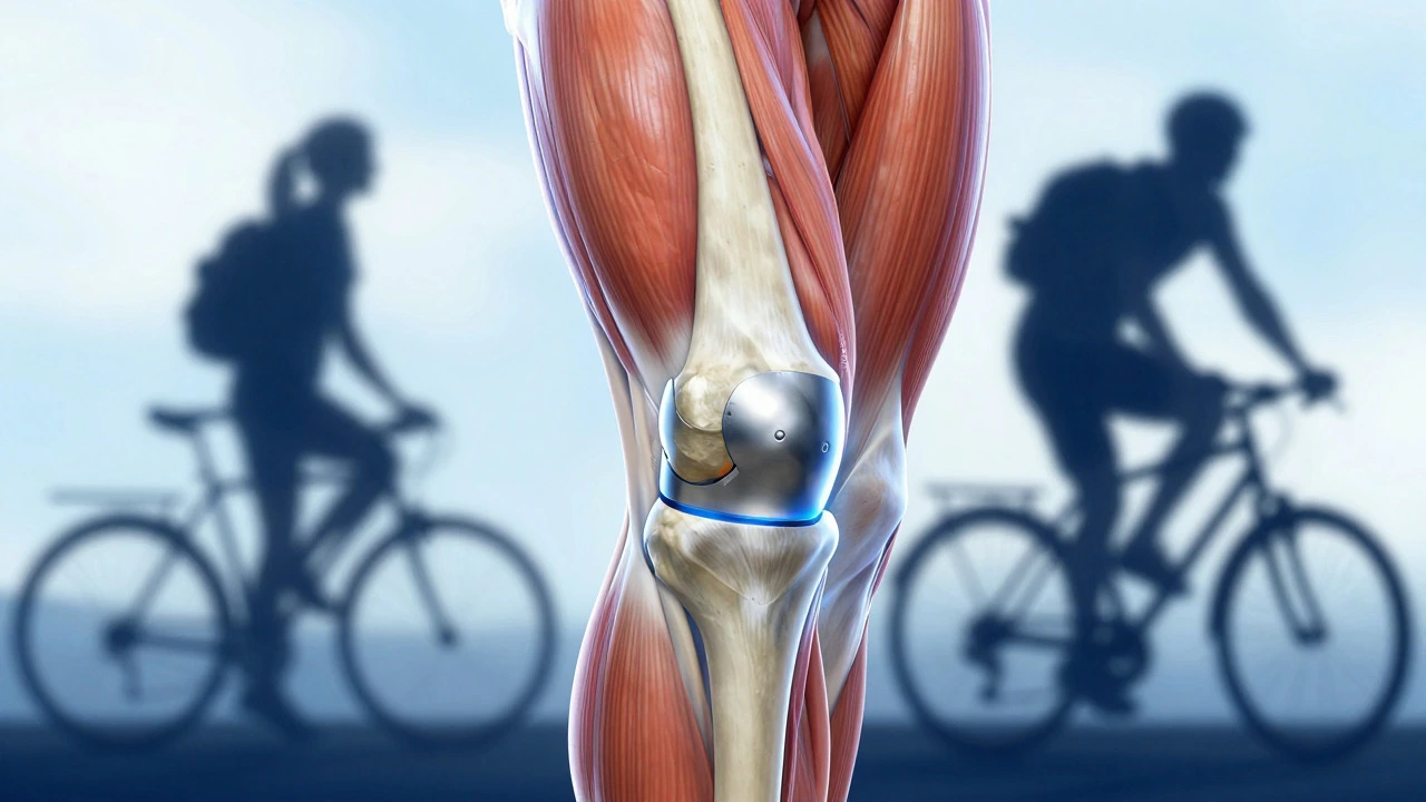 Anatomical view of healed knee implant with active lifestyle background