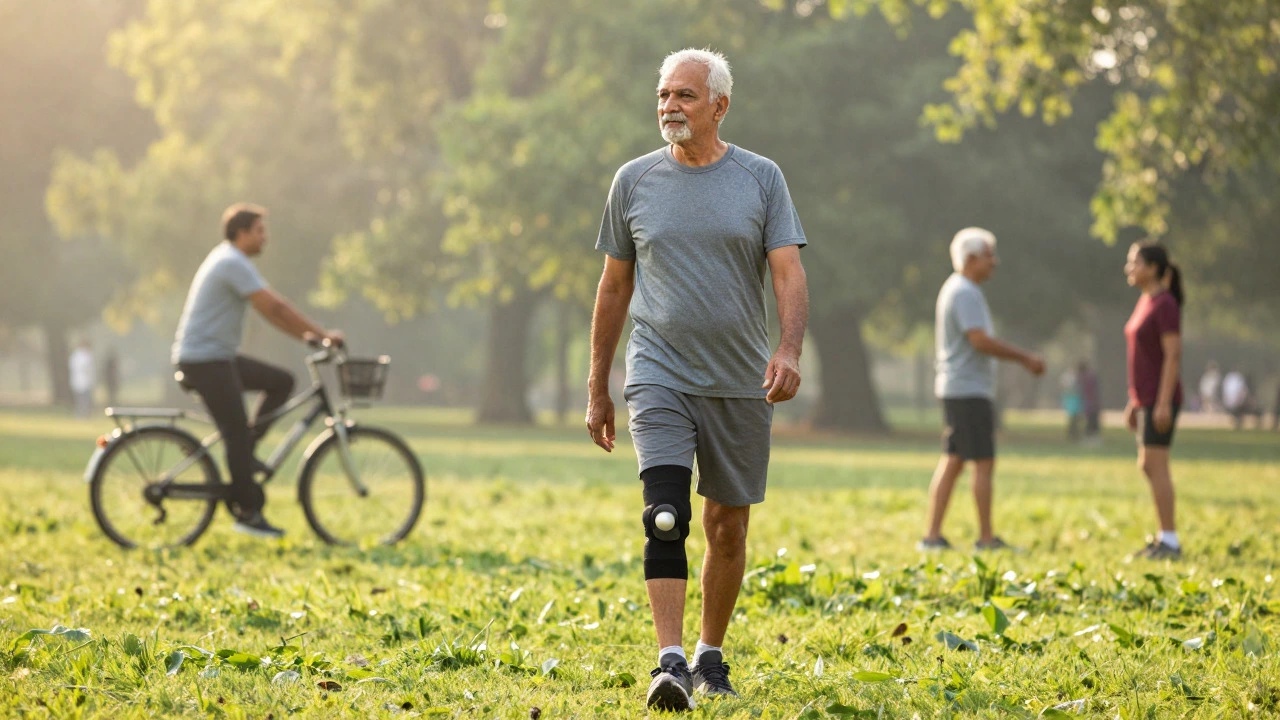 Elderly man walking confidently in a park, demonstrating successful knee recovery