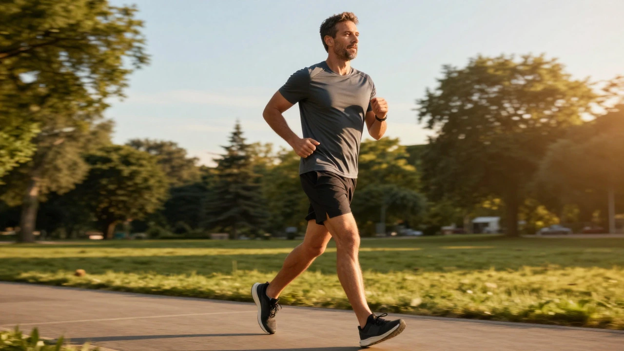 Fit man walking energetically in a park at sunset
