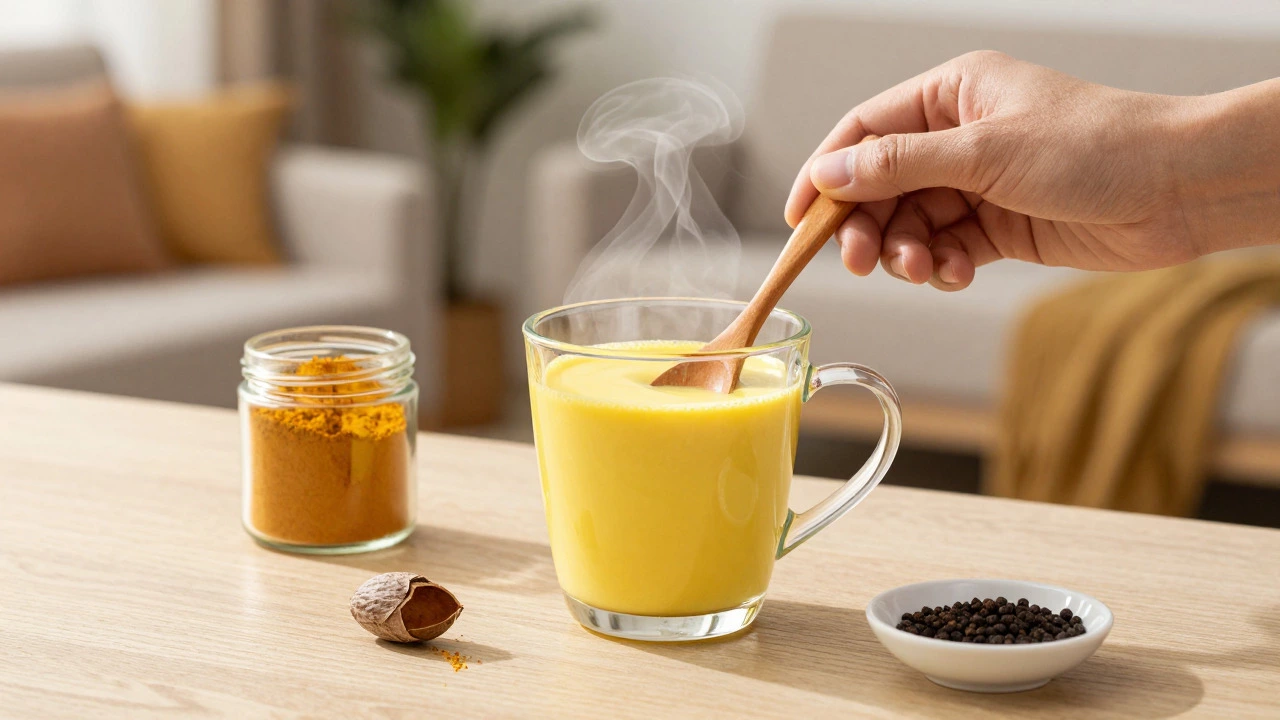 Hand stirring a steaming cup of golden turmeric milk with spices nearby
