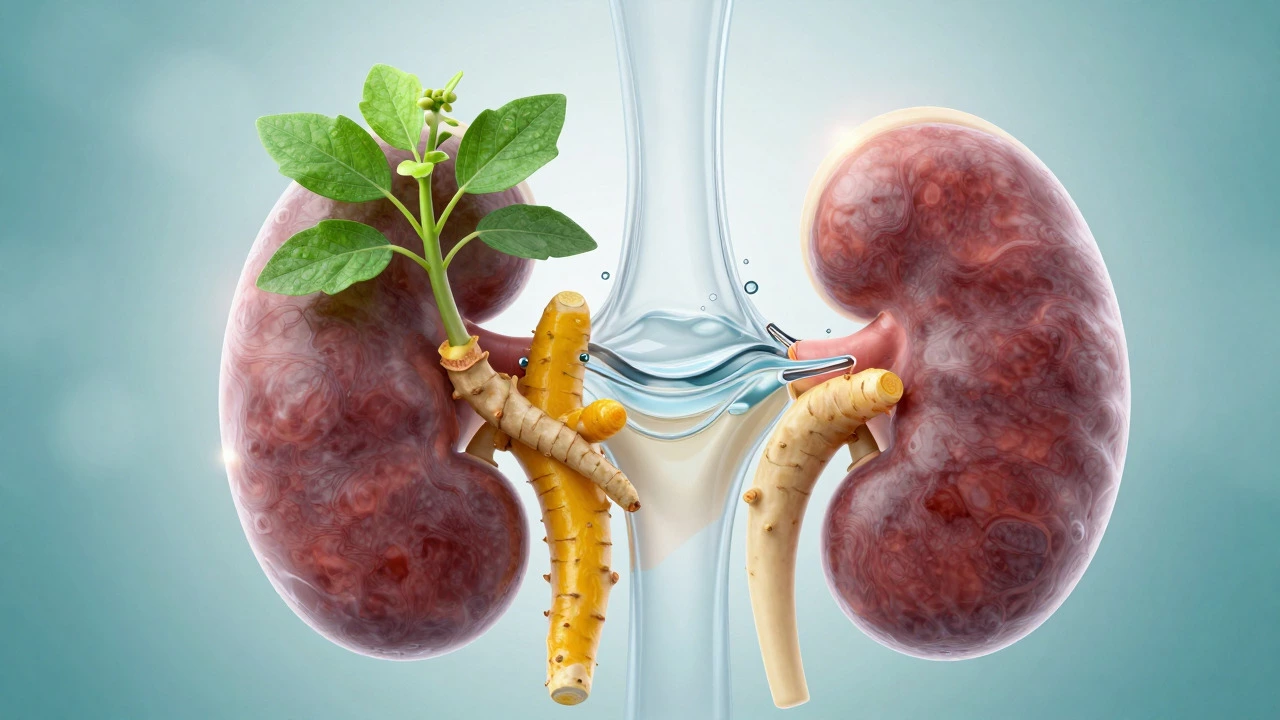 Herbs like licorice and turmeric flowing toward a stylized kidney