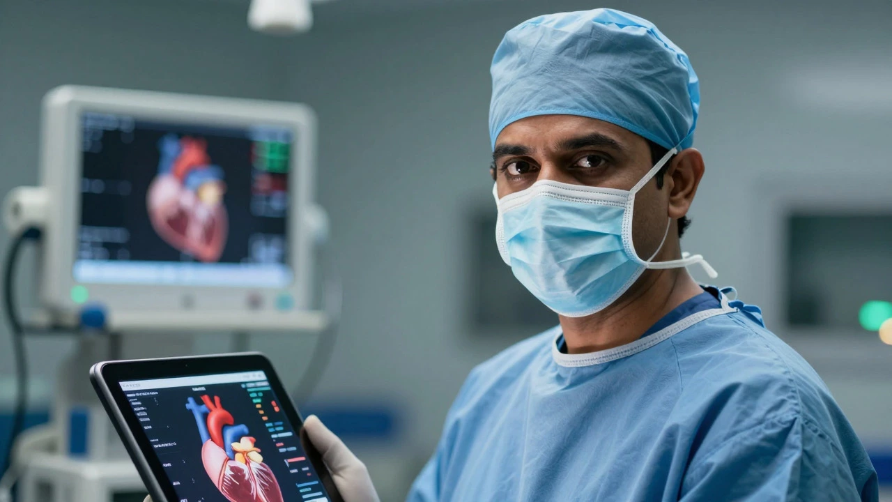 Indian cardiac surgeon reviewing digital heart data in a high-tech operating room