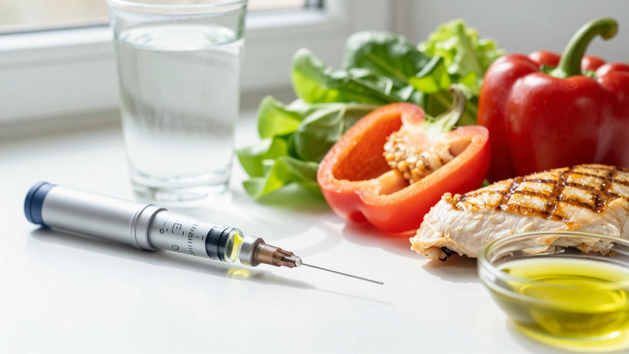 Injection pen beside fresh Mediterranean diet ingredients