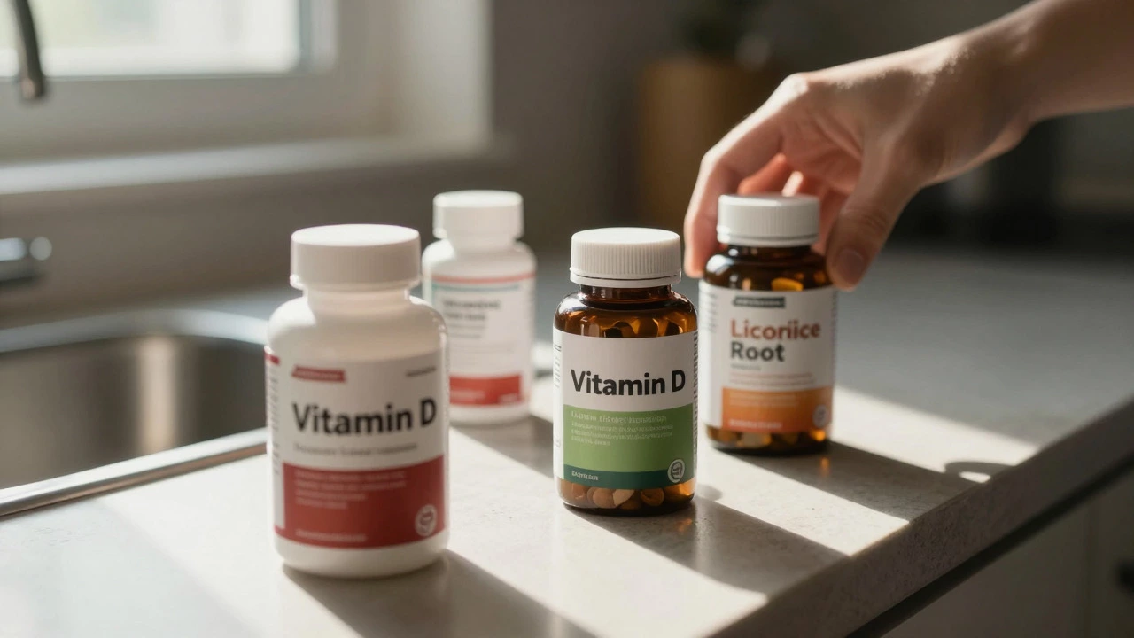 Supplement bottles on a kitchen counter with a hand reaching for vitamins
