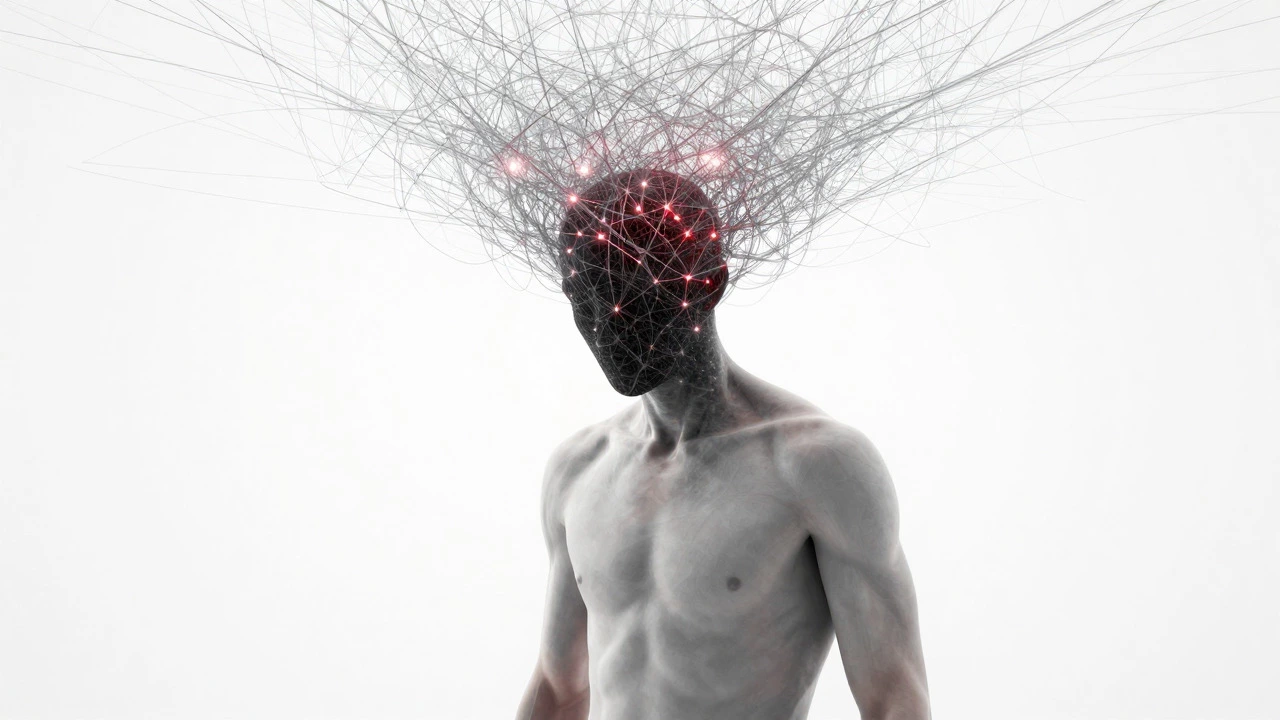 Surreal figure with tangled glowing lines inside head representing anxiety