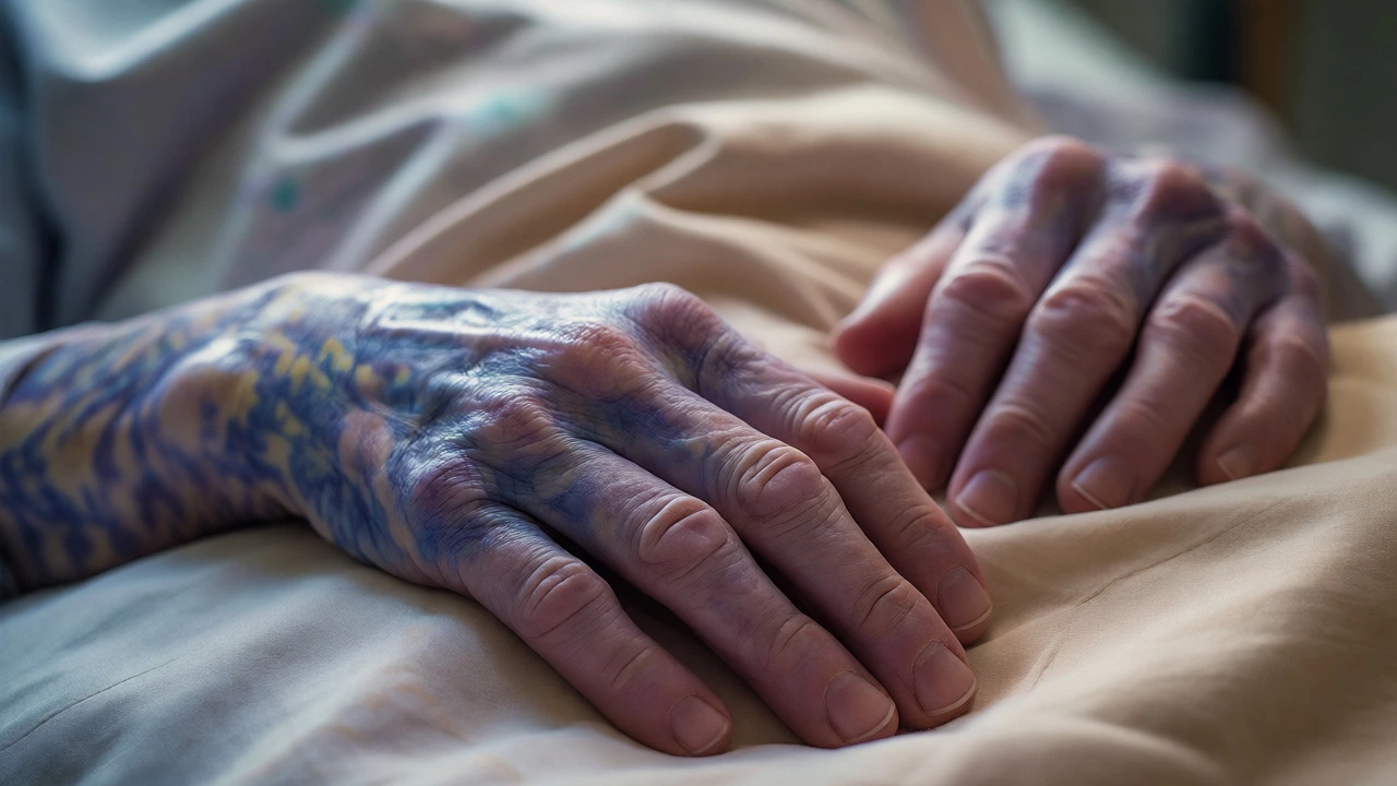 Close-up of mottled hands showing circulation changes in end-of-life care