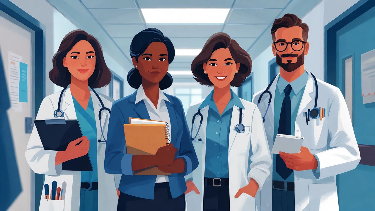 Four mental health professionals standing together representing psychologists, counselors, and psychiatrists.