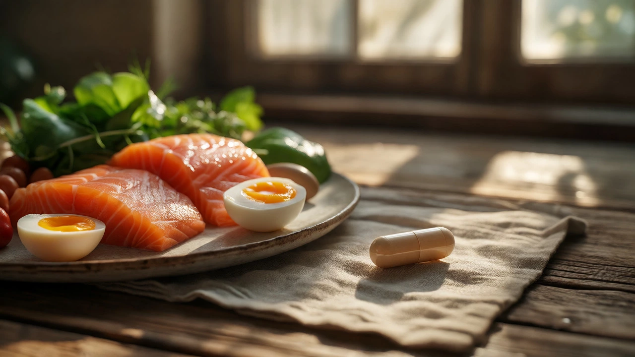 Fresh salmon, eggs, and greens next to a single Vitamin D3 capsule on a wooden table in natural light.