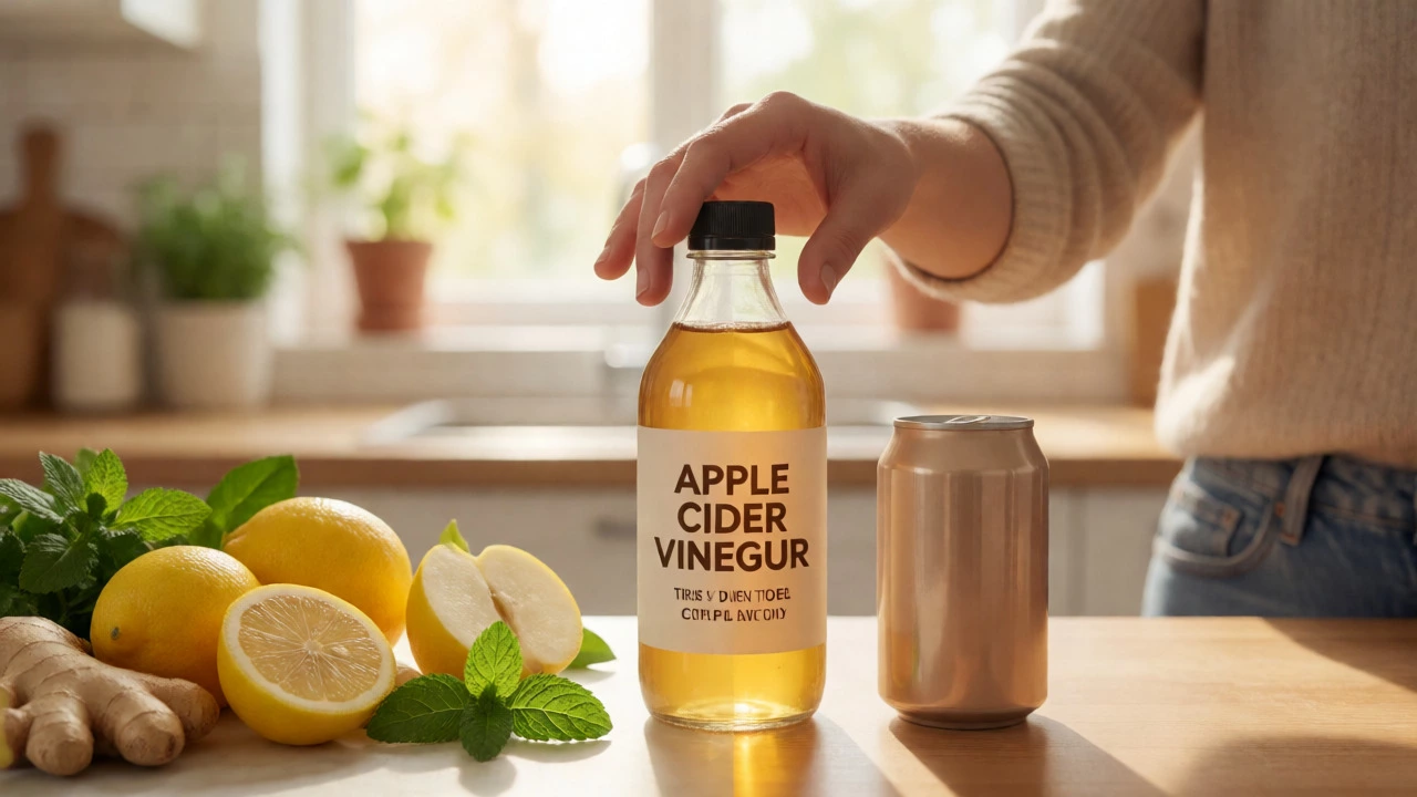 Hand choosing apple cider vinegar over soda in a bright kitchen