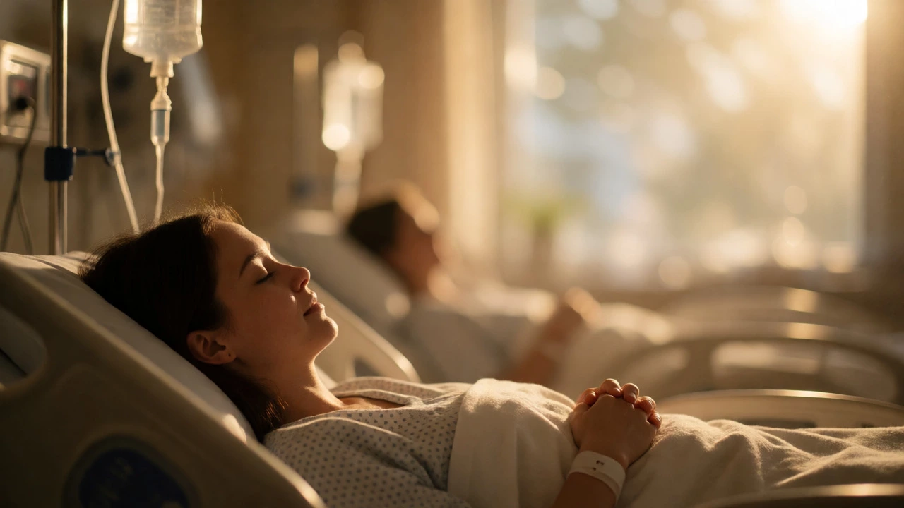Patient resting peacefully in a recovery room with warm lighting after surgery.
