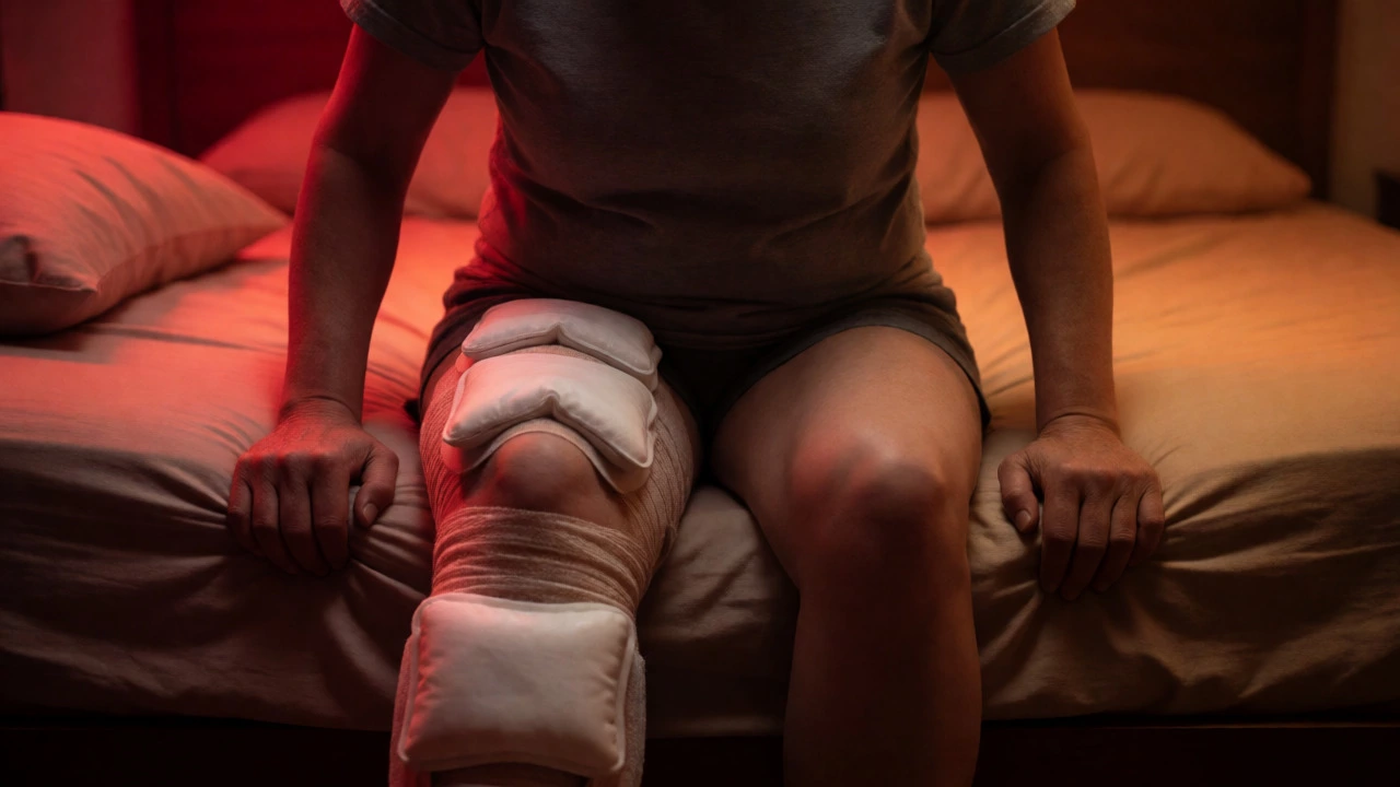 Person enduring peak pain with iced swollen knee