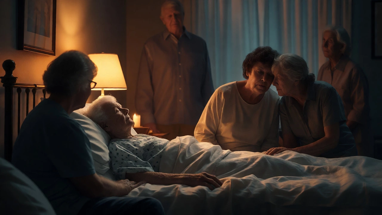 Quiet family gathering around bed during final hours of life