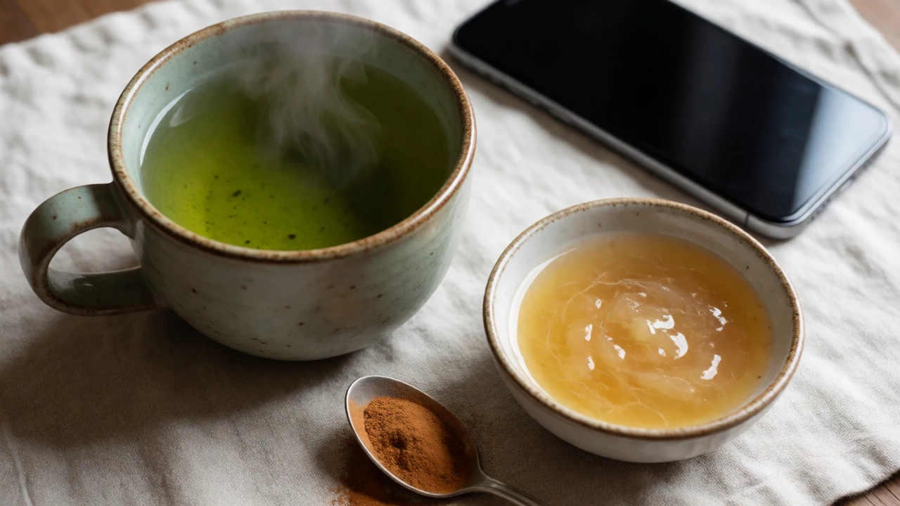 Steaming green tea mug with apple cider vinegar and cinnamon