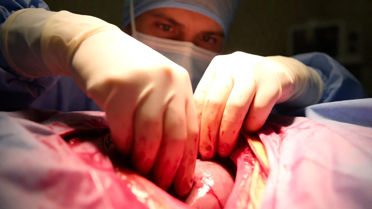 Surgeon performing direct internal heart massage during open-chest surgery.