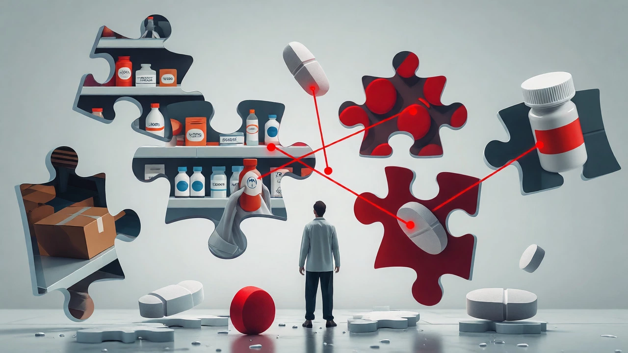 Surreal illustration of fragmented pharmacy services and missed interactions