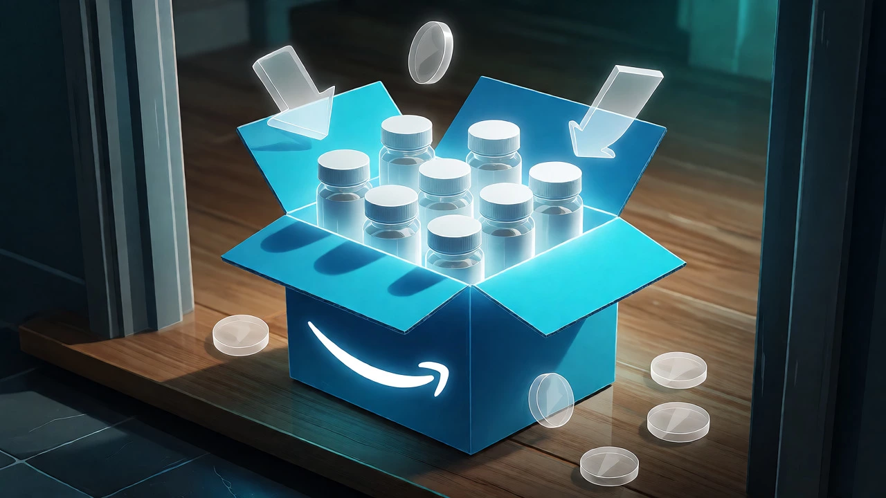 Amazon delivery box containing glowing pill bottles on a doorstep