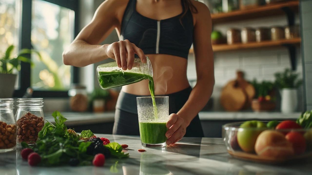 Athlete preparing a green anti-inflammatory smoothie in a bright kitchen