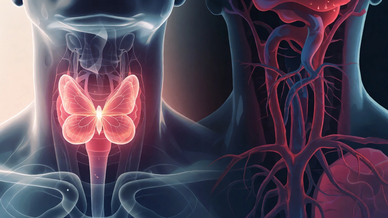 Conceptual art comparing visible thyroid health with hidden internal risks