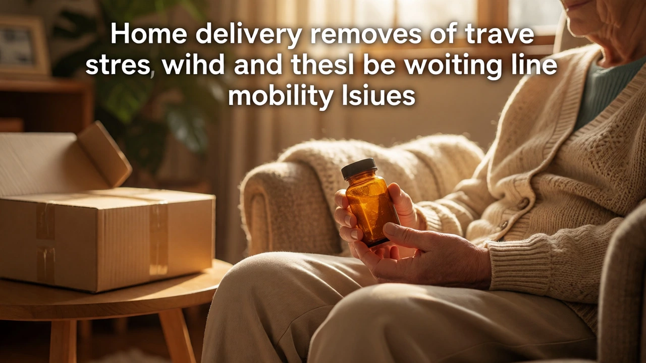 Elderly person relaxing in an armchair with delivered medication