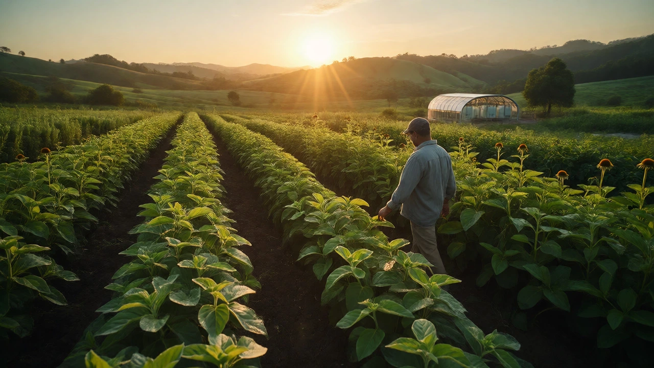 Farmer inspecting organic herbs on a sustainable farm at sunrise.