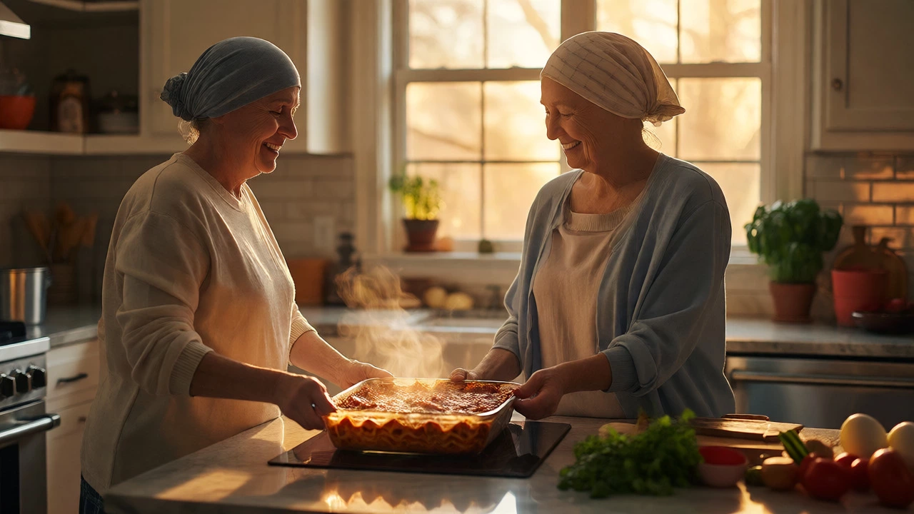 Friend delivering a home-cooked meal to a cancer patient