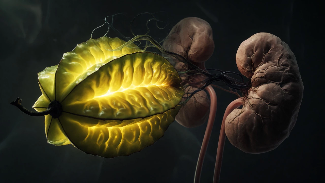 Glowing starfruit next to scarred, fibrotic kidneys illustrating toxicity risk