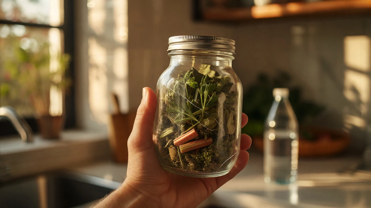 Hand holding a jar of dried parsley, rhubarb, and senna herbs
