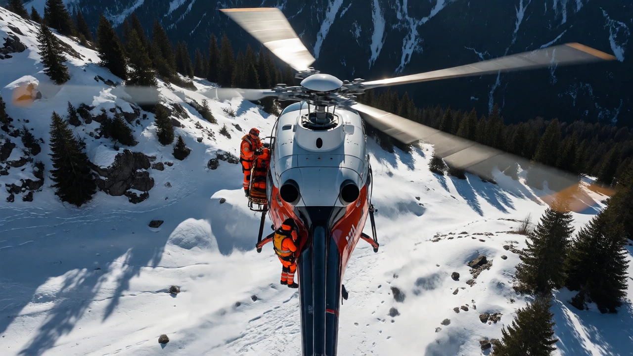 Helicopter medevac rescue in snowy mountain terrain