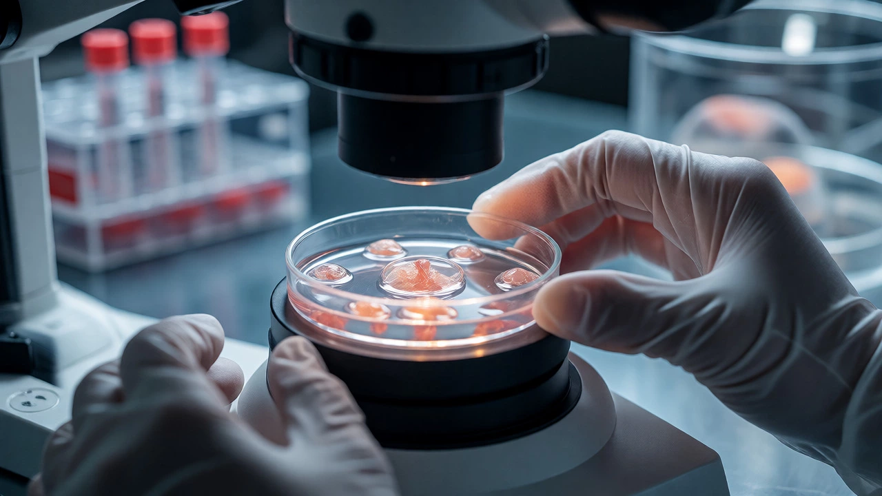 Laboratory technician examining embryos in a petri dish under a microscope