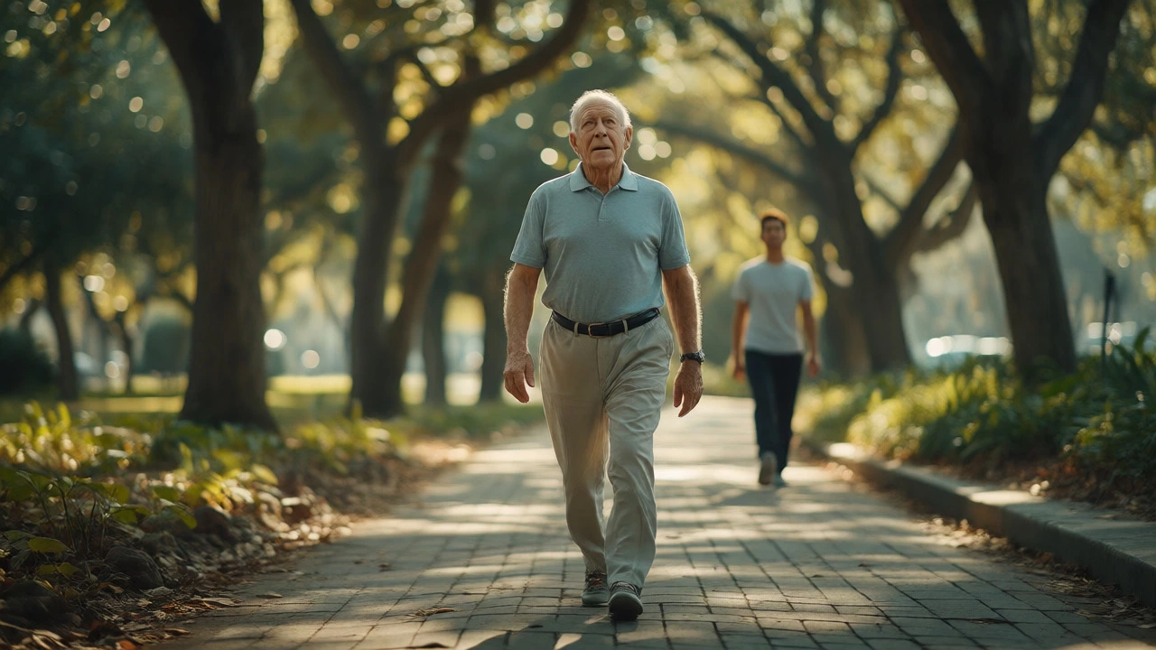 Older man walking happily in park symbolizing long-term cancer survival