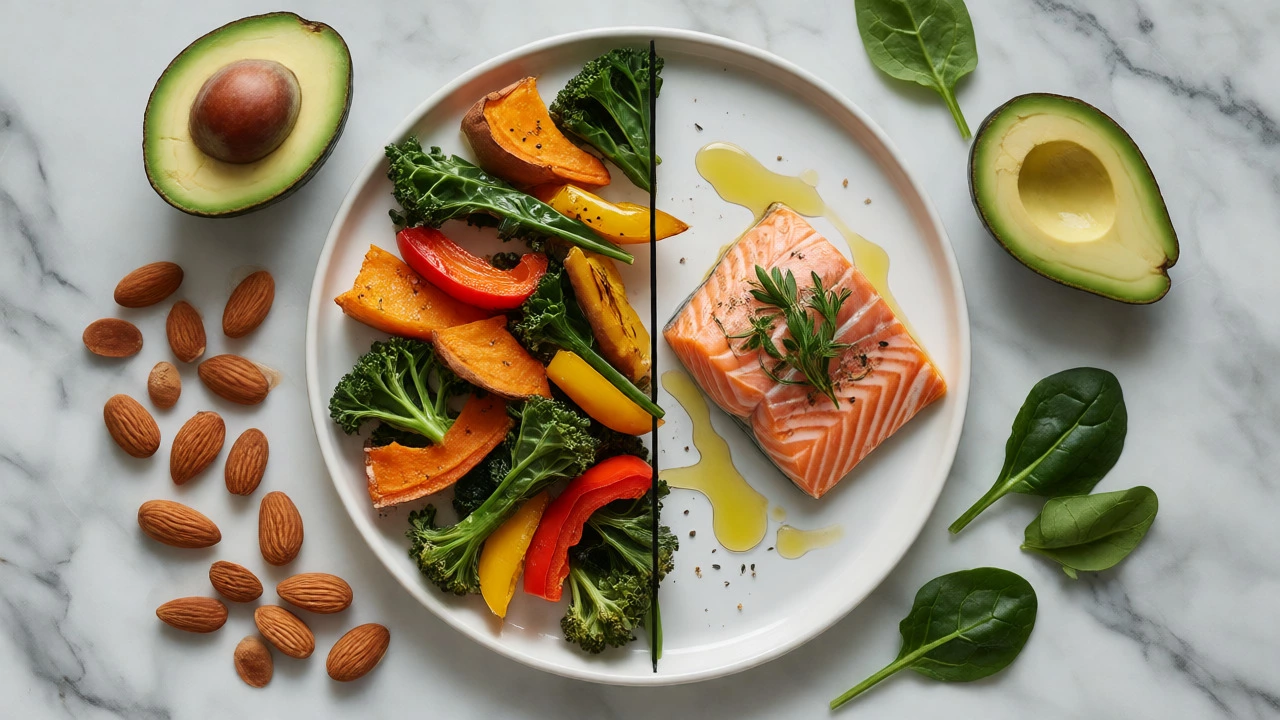 Plate showing 80% plants and lean protein with salmon and roasted veggies