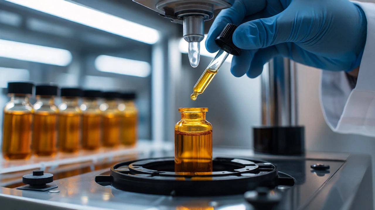 Scientist testing golden herbal extract in a modern laboratory setting.