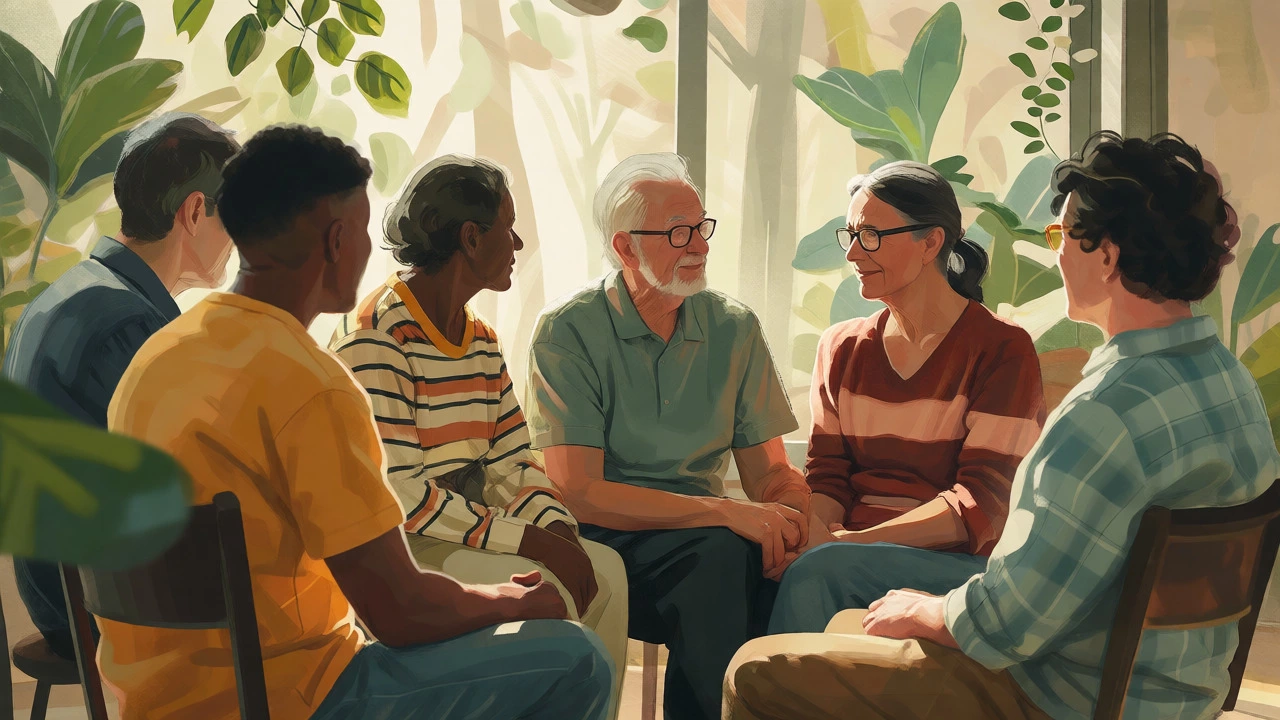 Support group sharing moments in a sunny community setting