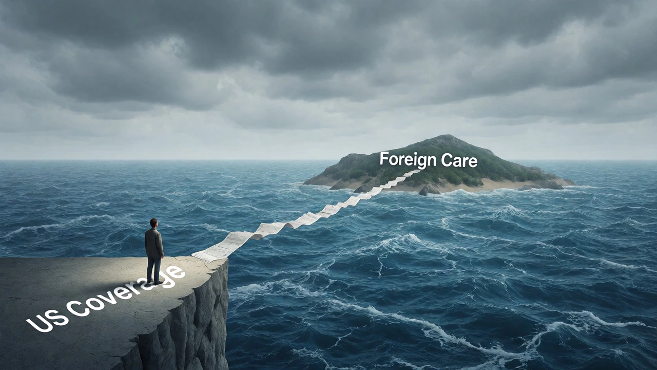 Surreal metaphor of broken bridge connecting domestic and international care